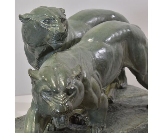 ANTICHE SCULTURE IN BRONZO, DUE PANTERE, IRENEE ROCHARD, ART DECO, XX SECOLO. (STB102)