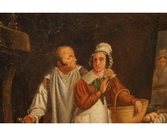 Antico quadro del 1800 francese Scena di interni olio su tela
