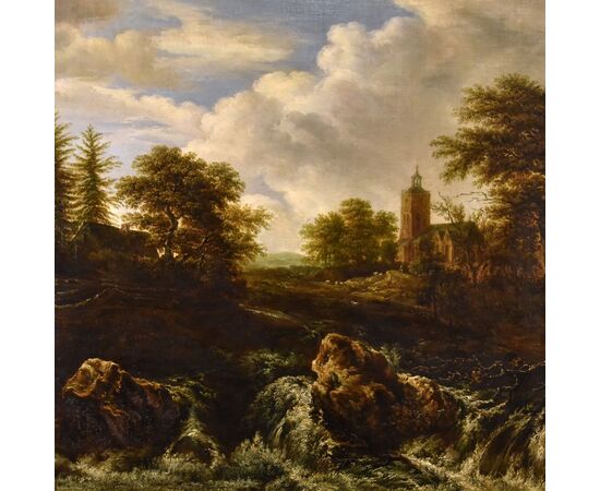 Paesaggio boscoso con cascata, Jacob van Ruisdael (Haarlem 1628 - Amsterdam 1682) attribuibile