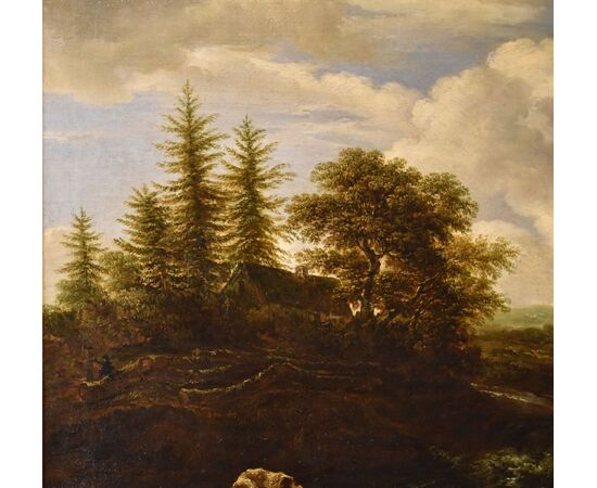 Paesaggio boscoso con cascata, Jacob van Ruisdael (Haarlem 1628 - Amsterdam 1682) attribuibile