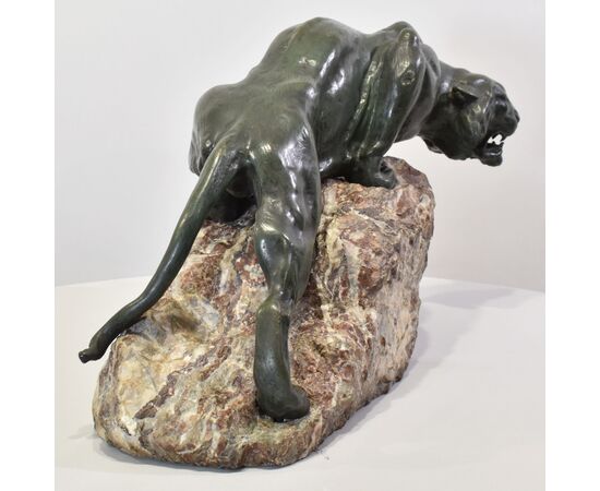 ANTICHE SCULTURE IN BRONZO, GRANDE LEONESSA, GIACOMO MERCULIANO, ART DECO, XX SECOLO. (STB103)