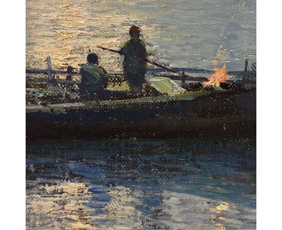 DIPINTI ANTICHI ITALIANI, FAUSTO PRATELLA, MARINA AL TRAMONTO, OLIO SU TELA, PITTORI DEL 900. (QM688)