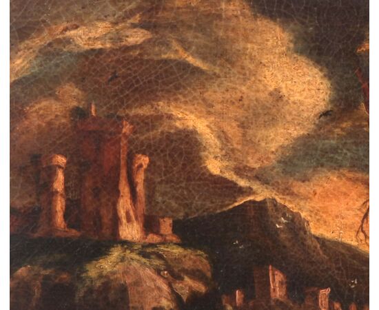 Olio su tela italiano del 1600 con torre e lago