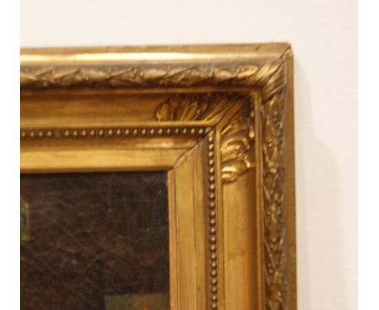 Antico quadro del 1800 francese Scena di interni olio su tela