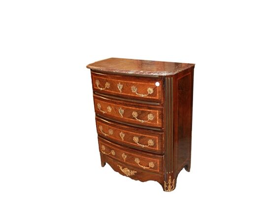 Piccolo cassettone comoncino francese Stile Reggenza con 4 cassetti piano in marmo e bronzi dorati