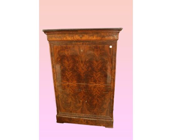 Secretaire francese Impero del 1800 in piuma di mogano con piano in marmo