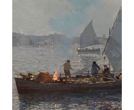 DIPINTI ANTICHI ITALIANI, FAUSTO PRATELLA, MARINA AL TRAMONTO, OLIO SU TELA, PITTORI DEL 900. (QM688)
