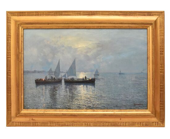 DIPINTI ANTICHI ITALIANI, FAUSTO PRATELLA, MARINA AL TRAMONTO, OLIO SU TELA, PITTORI DEL 900. (QM688)