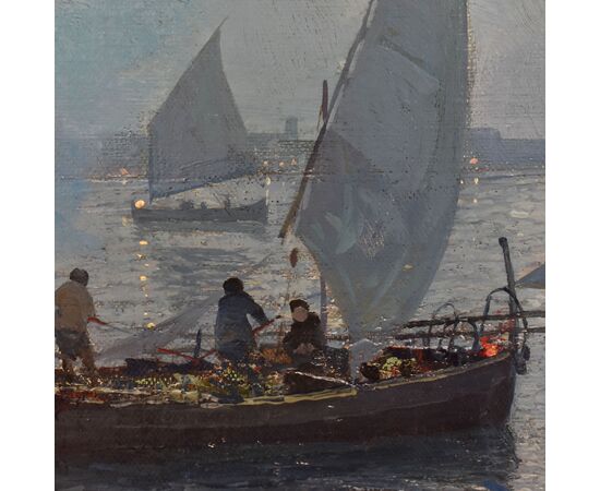 DIPINTI ANTICHI ITALIANI, FAUSTO PRATELLA, MARINA AL TRAMONTO, OLIO SU TELA, PITTORI DEL 900. (QM688)