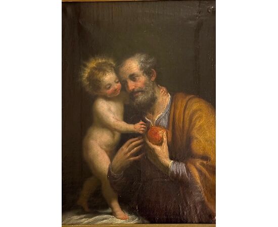 Dipinto olio su tela raffigurante  San Giuseppe e Gesu’Bambino.Italia.