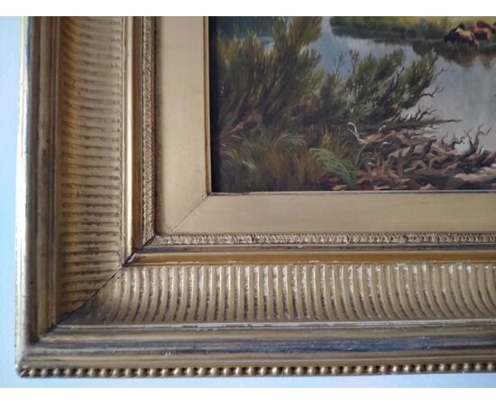 Olio su tela inglese del 1800 raffigurante paesaggio fluviale