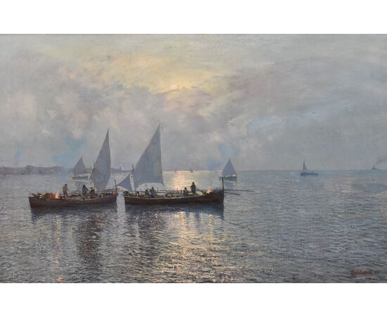 DIPINTI ANTICHI ITALIANI, FAUSTO PRATELLA, MARINA AL TRAMONTO, OLIO SU TELA, PITTORI DEL 900. (QM688)