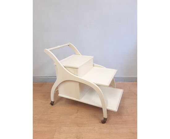 CARRELLO BAR IN LEGNO LACCATO BIANCO CON APERTURA AUTOMATICA ANNI 70