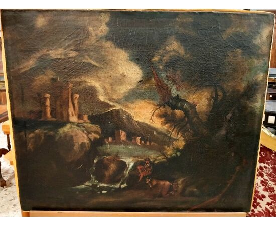 Olio su tela italiano del 1600 con torre e lago
