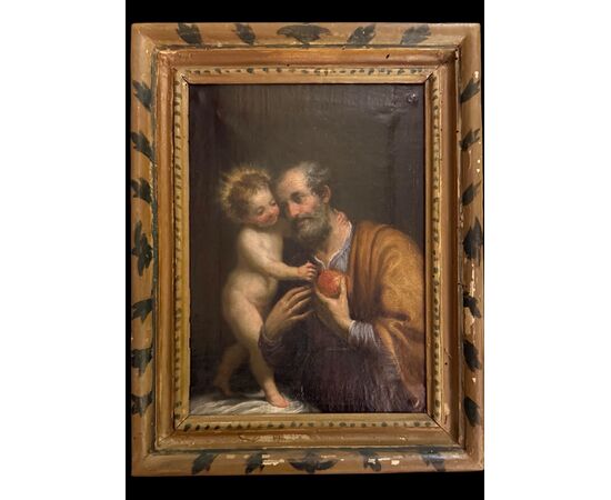 Dipinto olio su tela raffigurante  San Giuseppe e Gesu’Bambino.Italia.