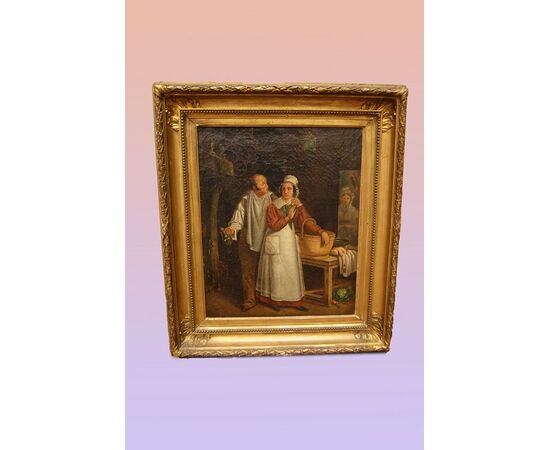 Antico quadro del 1800 francese Scena di interni olio su tela