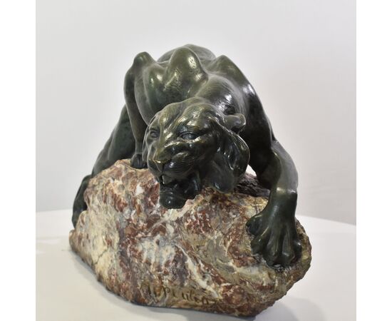 ANTICHE SCULTURE IN BRONZO, GRANDE LEONESSA, GIACOMO MERCULIANO, ART DECO, XX SECOLO. (STB103)