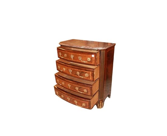 Piccolo cassettone comoncino francese Stile Reggenza con 4 cassetti piano in marmo e bronzi dorati