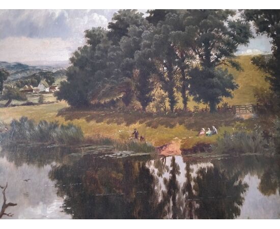 Olio su tela inglese del 1800 raffigurante paesaggio fluviale