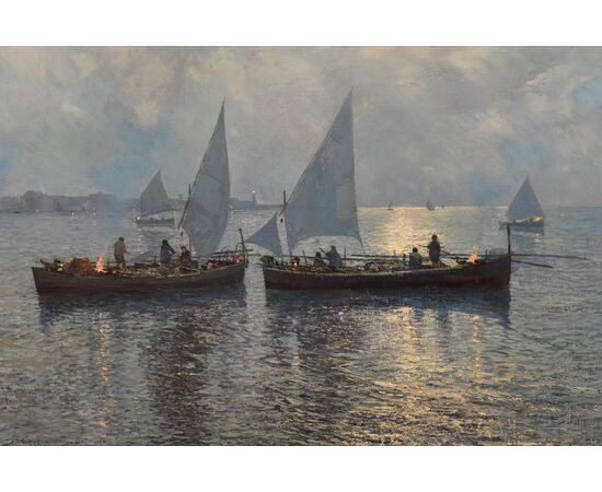 DIPINTI ANTICHI ITALIANI, FAUSTO PRATELLA, MARINA AL TRAMONTO, OLIO SU TELA, PITTORI DEL 900. (QM688)