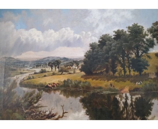 Olio su tela inglese del 1800 raffigurante paesaggio fluviale