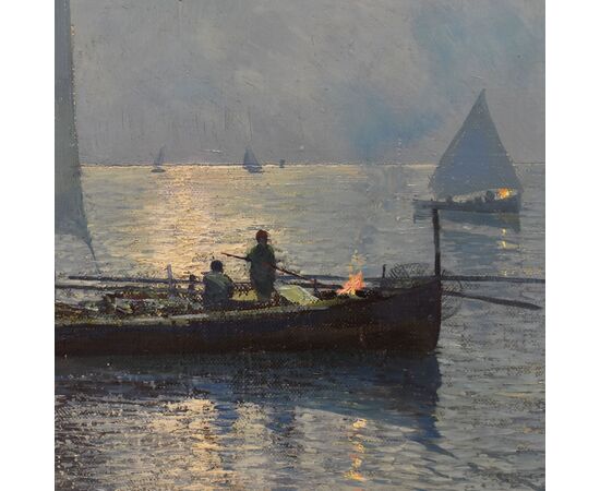 DIPINTI ANTICHI ITALIANI, FAUSTO PRATELLA, MARINA AL TRAMONTO, OLIO SU TELA, PITTORI DEL 900. (QM688)