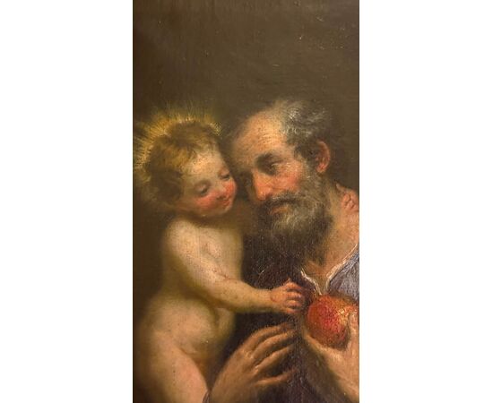Dipinto olio su tela raffigurante  San Giuseppe e Gesu’Bambino.Italia.