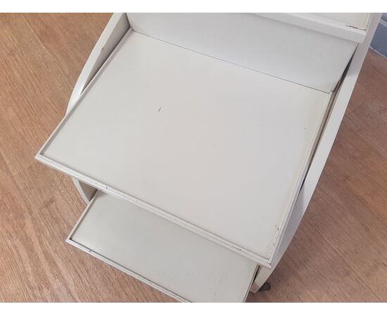 CARRELLO BAR IN LEGNO LACCATO BIANCO CON APERTURA AUTOMATICA ANNI 70