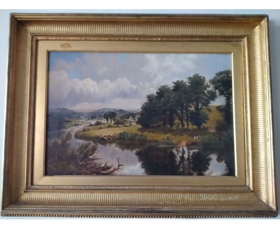 Olio su tela inglese del 1800 raffigurante paesaggio fluviale