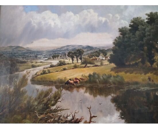 Olio su tela inglese del 1800 raffigurante paesaggio fluviale