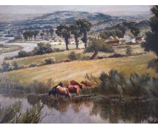 Olio su tela inglese del 1800 raffigurante paesaggio fluviale