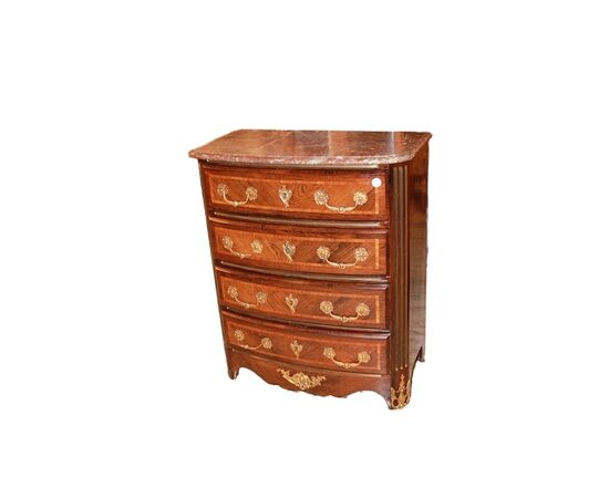 Piccolo cassettone comoncino francese Stile Reggenza con 4 cassetti piano in marmo e bronzi dorati
