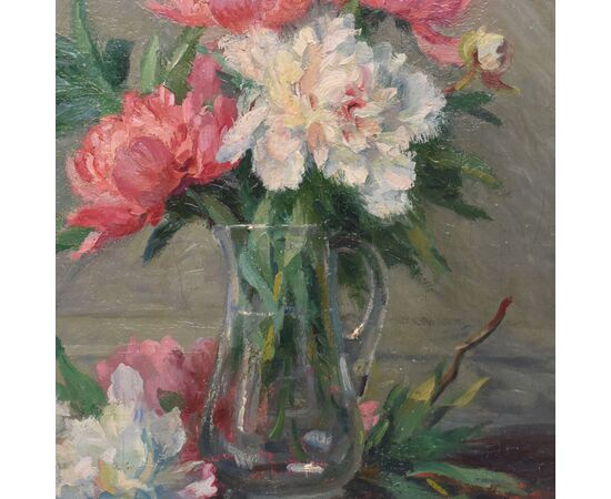 DIPINTI ANTICHI DI FIORI, NATURE MORTE CON VASO DI PEONIE, OLIO SU TELA, INIZIO XX SECOLO. (QF689)