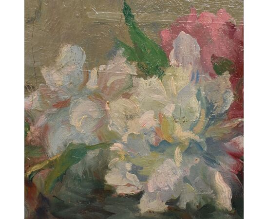DIPINTI ANTICHI DI FIORI, NATURE MORTE CON VASO DI PEONIE, OLIO SU TELA, INIZIO XX SECOLO. (QF689)
