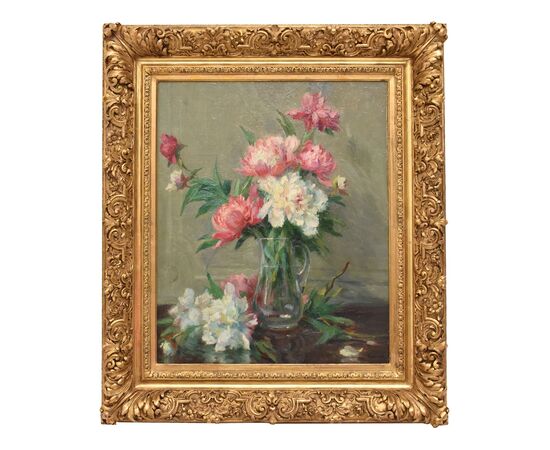 DIPINTI ANTICHI DI FIORI, NATURE MORTE CON VASO DI PEONIE, OLIO SU TELA, INIZIO XX SECOLO. (QF689)
