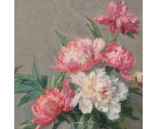 DIPINTI ANTICHI DI FIORI, NATURE MORTE CON VASO DI PEONIE, OLIO SU TELA, INIZIO XX SECOLO. (QF689)