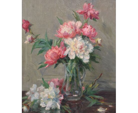 DIPINTI ANTICHI DI FIORI, NATURE MORTE CON VASO DI PEONIE, OLIO SU TELA, INIZIO XX SECOLO. (QF689)