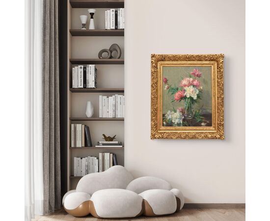 DIPINTI ANTICHI DI FIORI, NATURE MORTE CON VASO DI PEONIE, OLIO SU TELA, INIZIO XX SECOLO. (QF689)