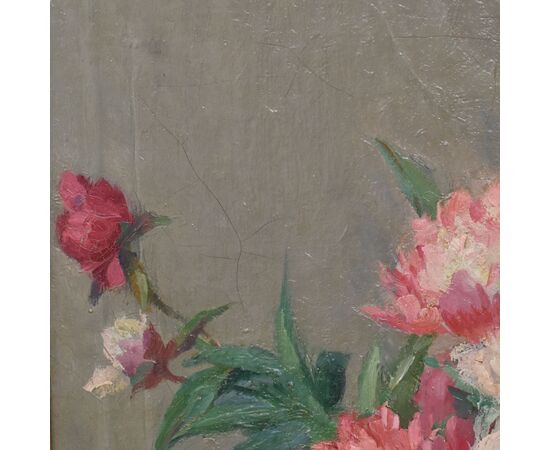 DIPINTI ANTICHI DI FIORI, NATURE MORTE CON VASO DI PEONIE, OLIO SU TELA, INIZIO XX SECOLO. (QF689)