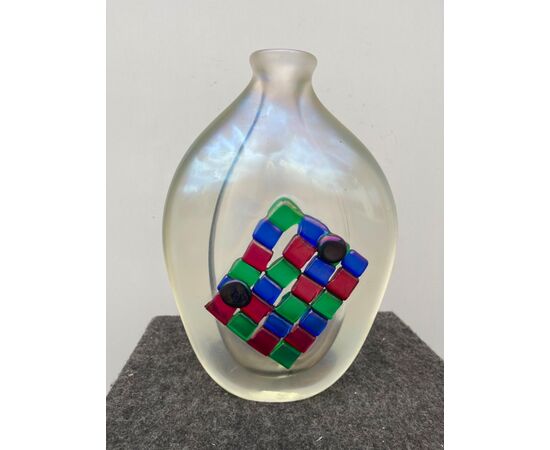 Heavy and iridescent sommerso glass vase with mosaic applications.Murano.     