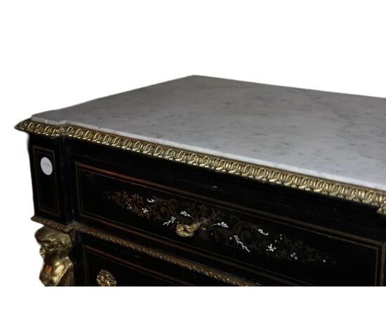 Secretaire francese Boulle in legno ebanizzato con bronzi e avorio XIX secolo