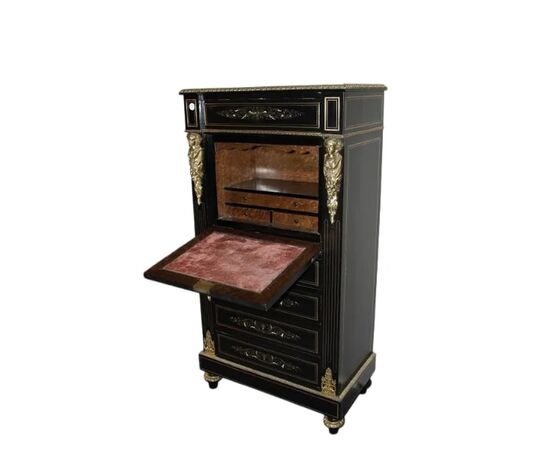 Secretaire francese Boulle in legno ebanizzato con bronzi e avorio XIX secolo