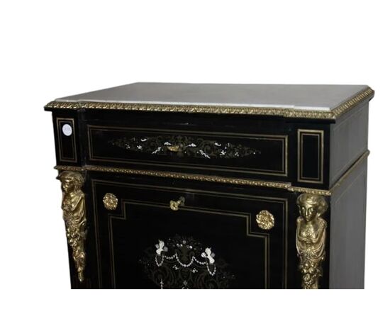 Secretaire francese Boulle in legno ebanizzato con bronzi e avorio XIX secolo