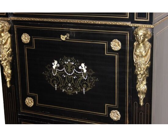 Secretaire francese Boulle in legno ebanizzato con bronzi e avorio XIX secolo