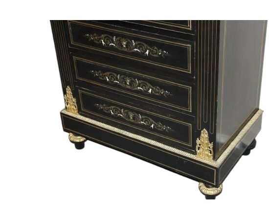 Secretaire francese Boulle in legno ebanizzato con bronzi e avorio XIX secolo