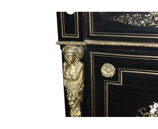Secretaire francese Boulle in legno ebanizzato con bronzi e avorio XIX secolo