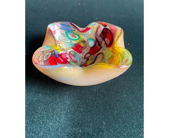 Milky sommerso glass ashtray with murrine and silver leaf inclusions.     