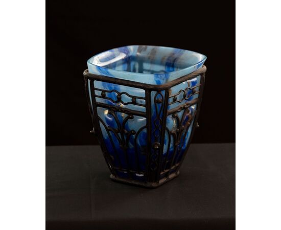 Daum-Majorelle - Blue glass and wrought iron vase     