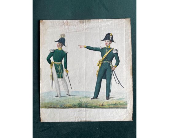 Tempera drawing depicting two soldiers signed by Giuseppe Rambelli (1868-1954).     