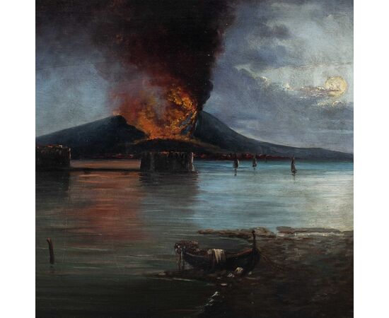 Pittore italiano (XIX sec.) - Golfo di Napoli col Vesuvio in eruzione.
